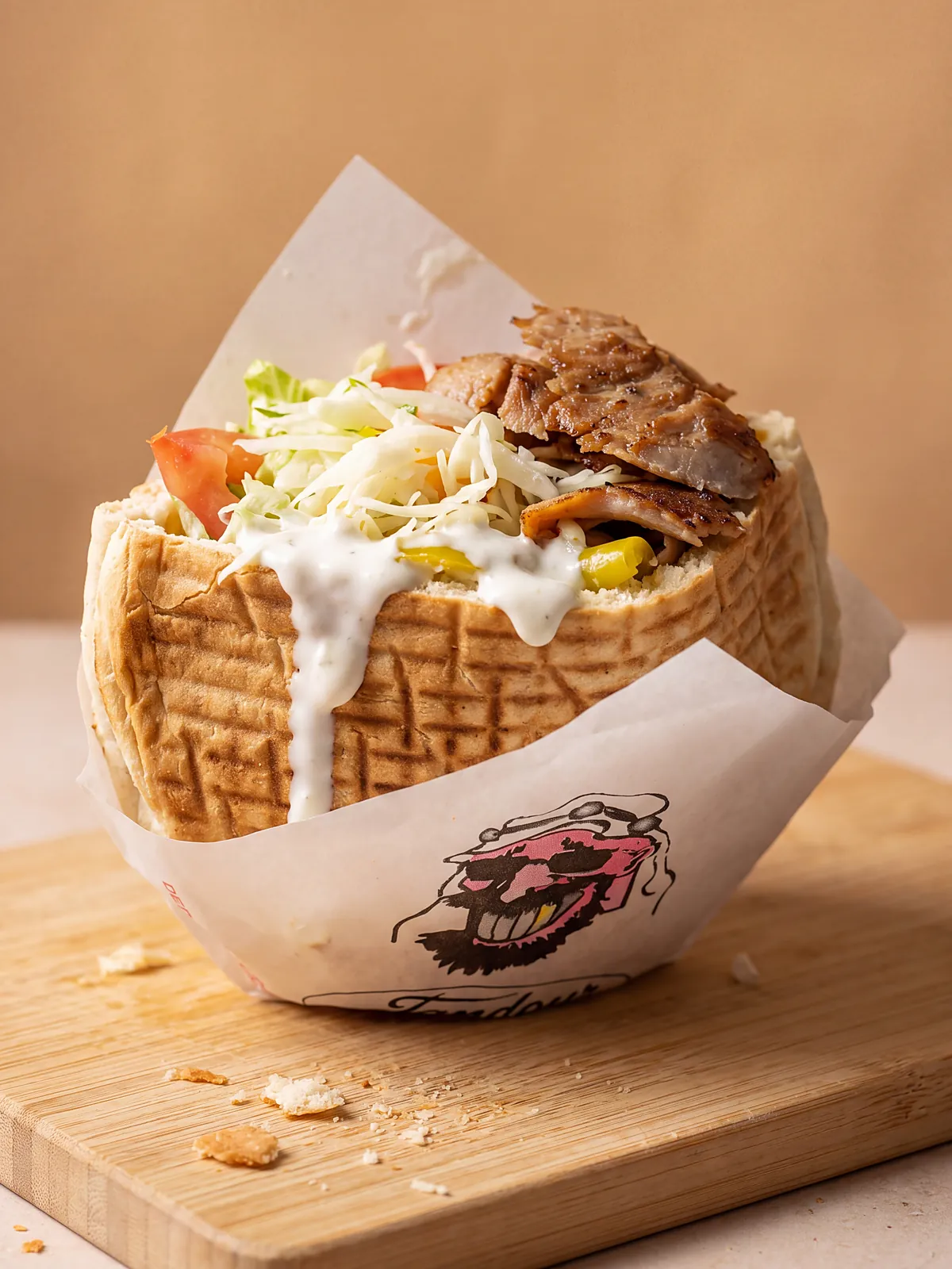 Pita im Tandour-Papier: gepresstes Fladenbrot mit Fleisch, Krautsalat und Soße